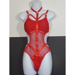 Fiery Red Mesh Stretch Size Small Bodysuit Teddy Lingerie